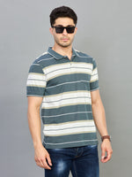 Green & White Striped Polo Neck Half Sleeve T-Shirt