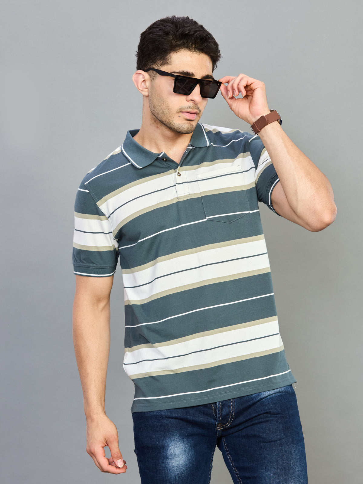 Green & White Striped Polo Neck Half Sleeve T-Shirt