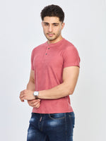 Pink Textured Henley Neck Half Sleeve T-Shirt