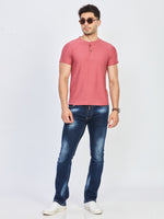 Pink Textured Henley Neck Half Sleeve T-Shirt