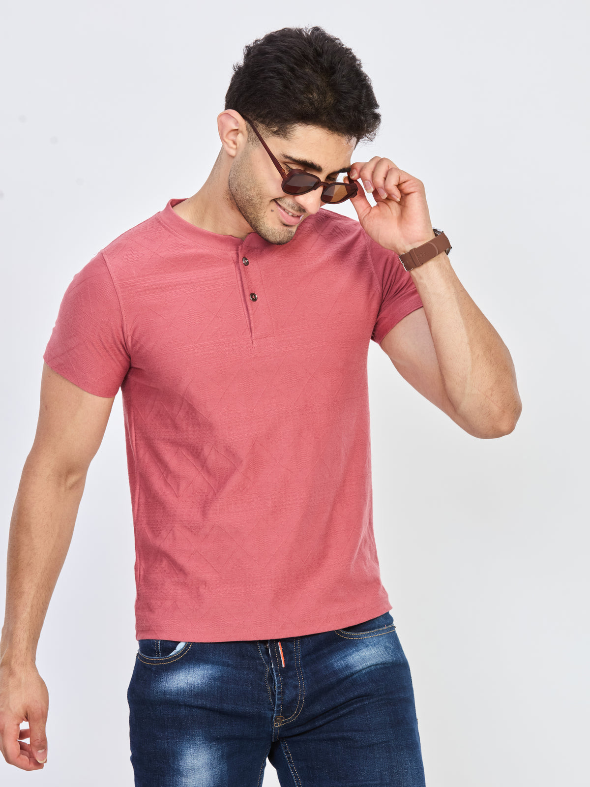 Pink Textured Henley Neck Half Sleeve T-Shirt