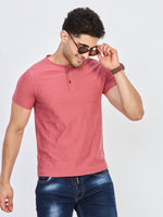 Pink Textured Henley Neck Half Sleeve T-Shirt
