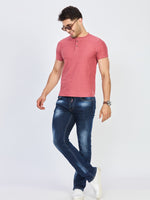 Pink Textured Henley Neck Half Sleeve T-Shirt