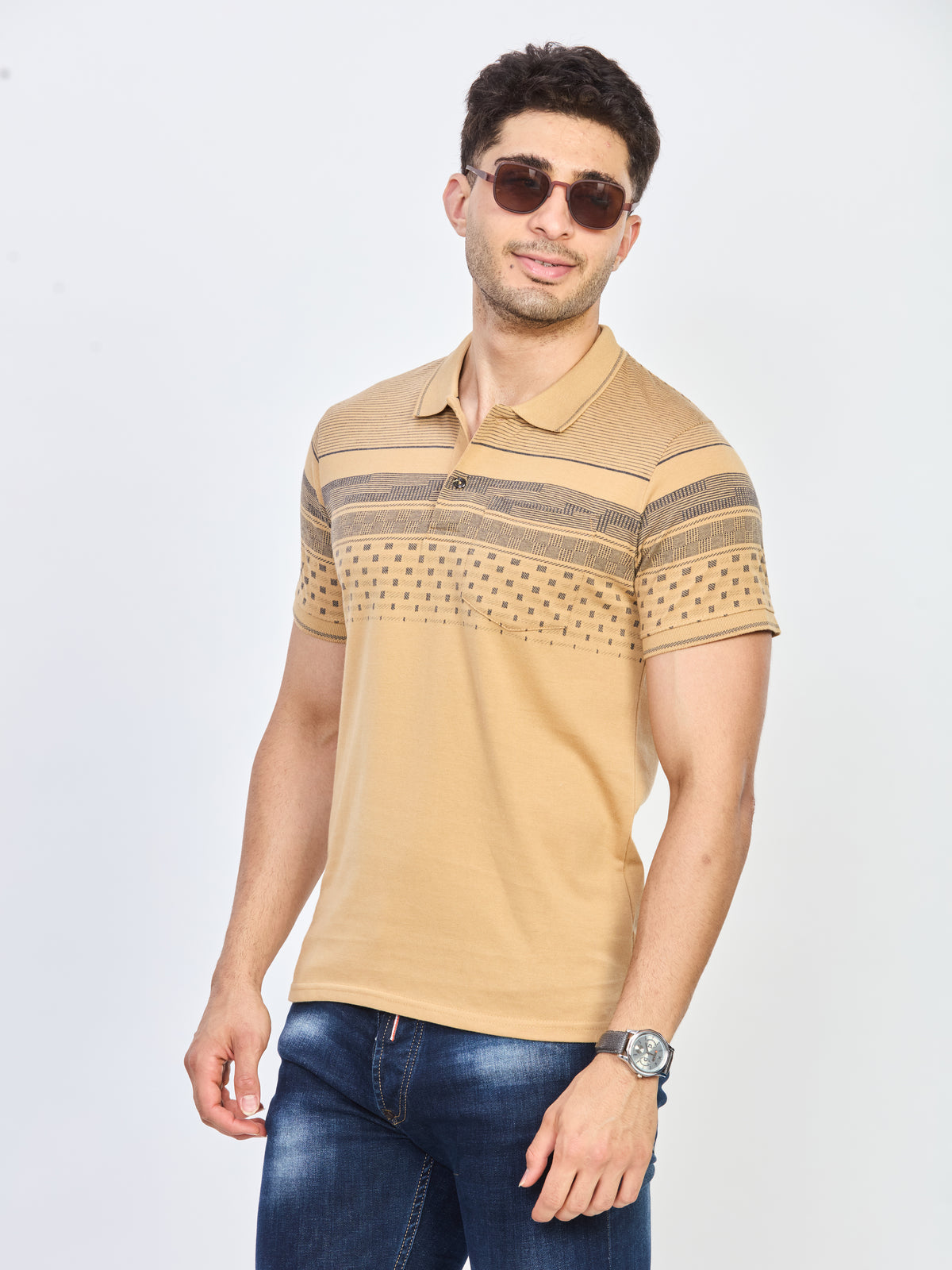 Sand Beige Stripe Polo T-Shirt