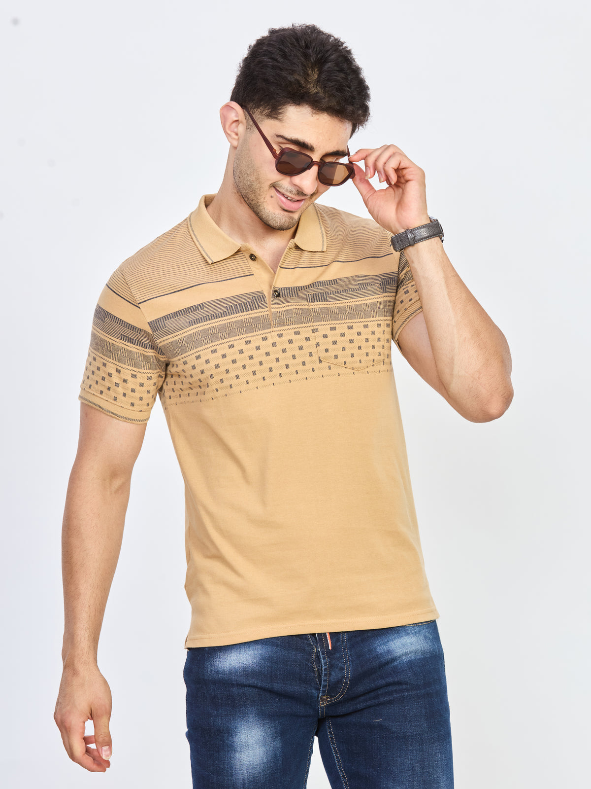 Sand Beige Stripe Polo T-Shirt