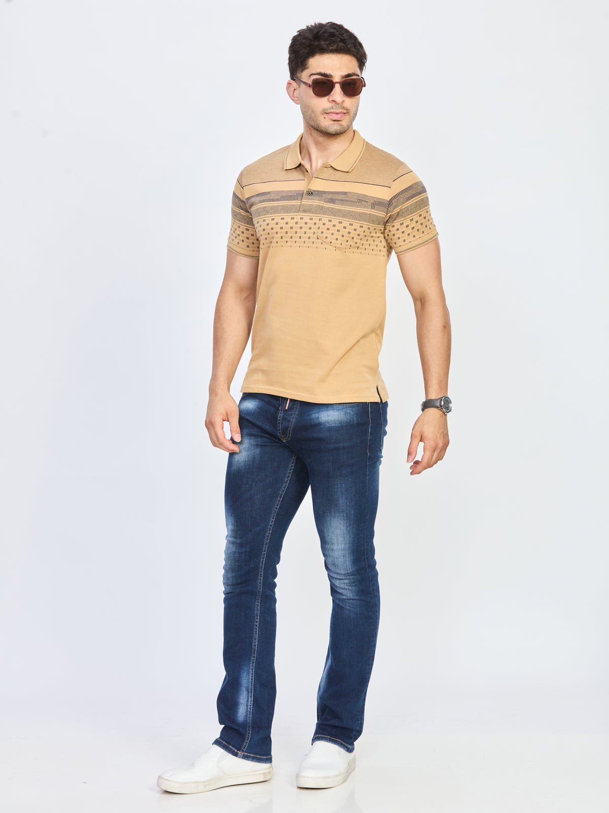 Sand Beige Stripe Polo T-Shirt