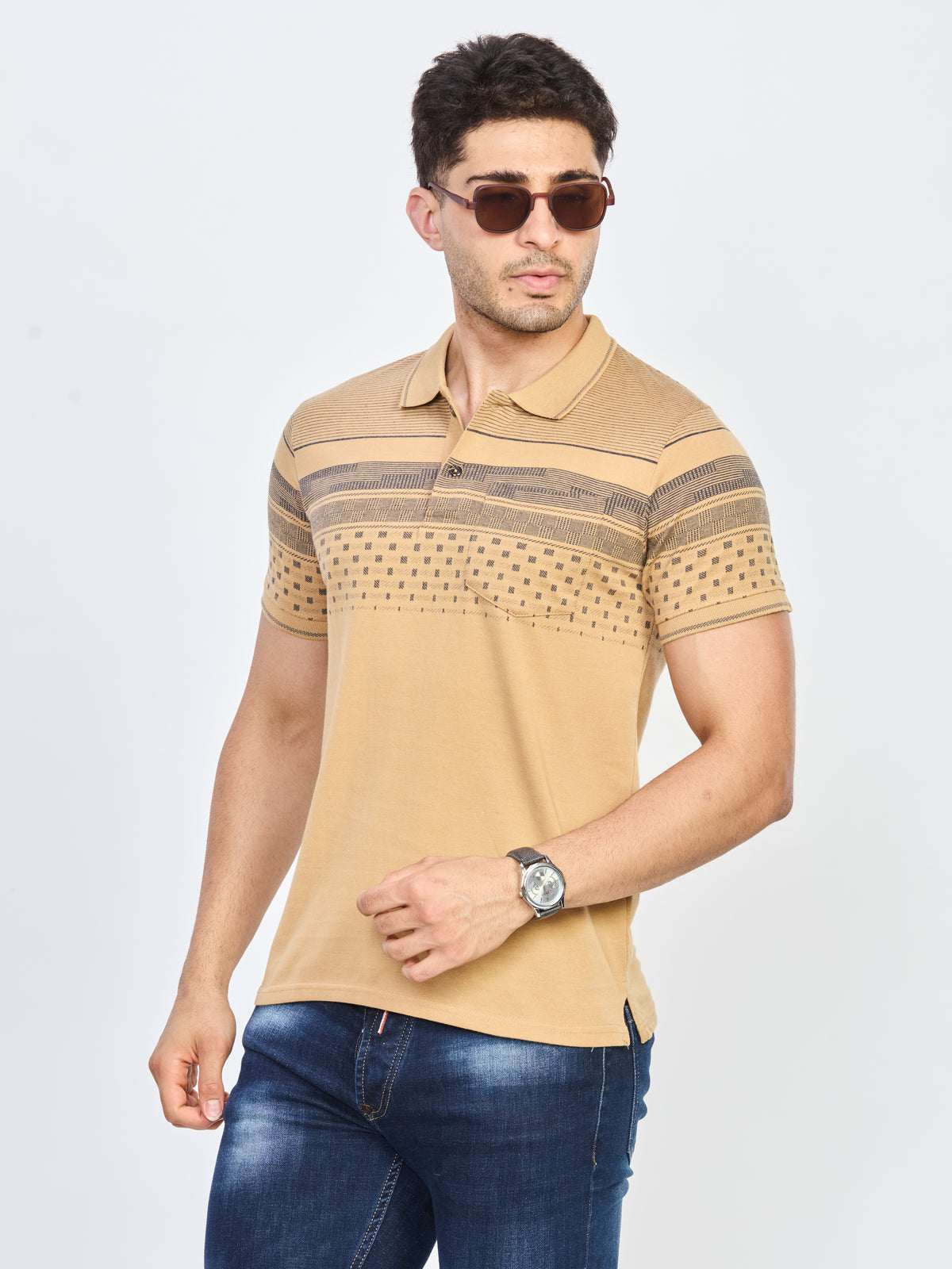 Sand Beige Stripe Polo T-Shirt