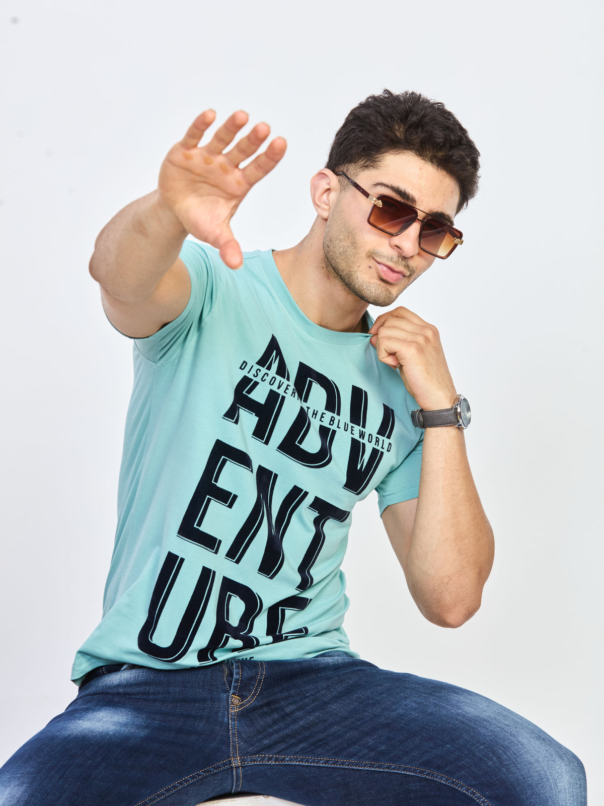 Blue Printed CottonRound Neck T-Shirt