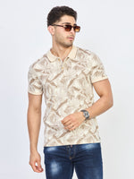 Cream Leaf Print Cotton Polo T-Shirt