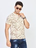 Cream Leaf Print Cotton Polo T-Shirt