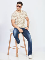 Cream Leaf Print Cotton Polo T-Shirt
