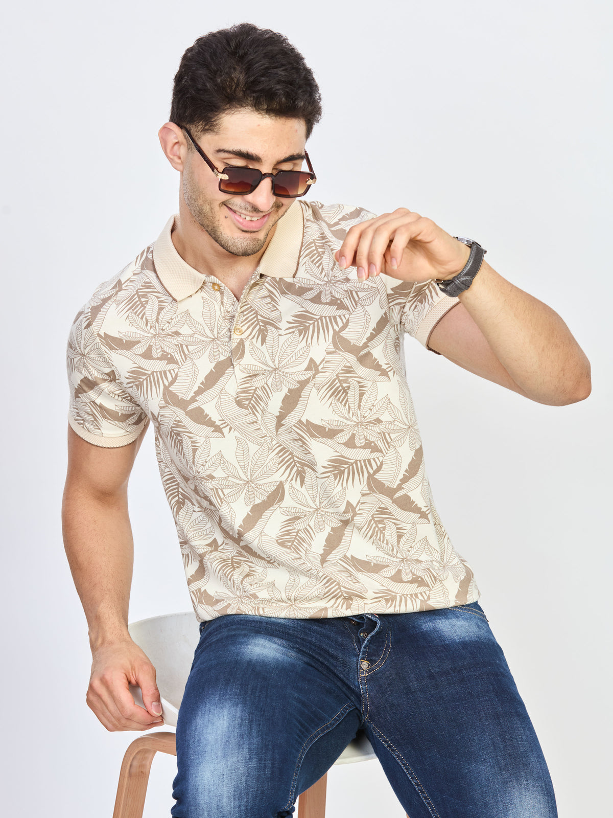 Cream Leaf Print Cotton Polo T-Shirt
