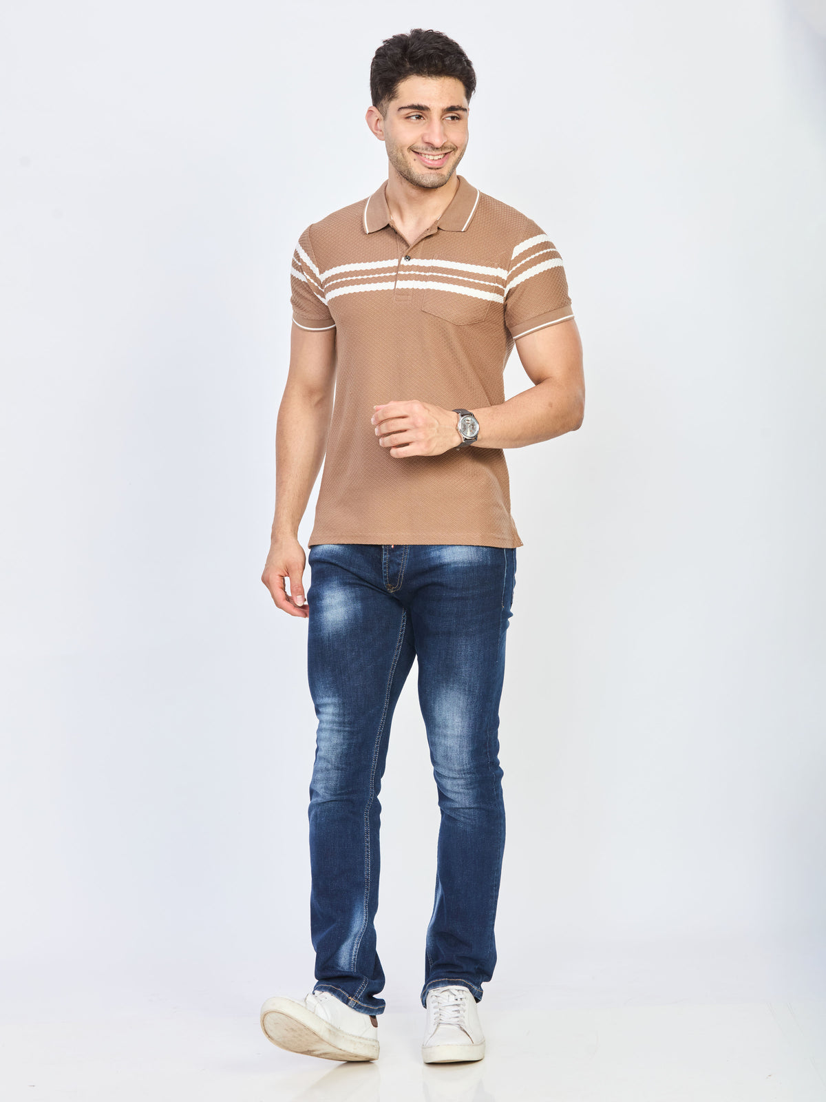 Brown Casual Striped Polo T-Shirt