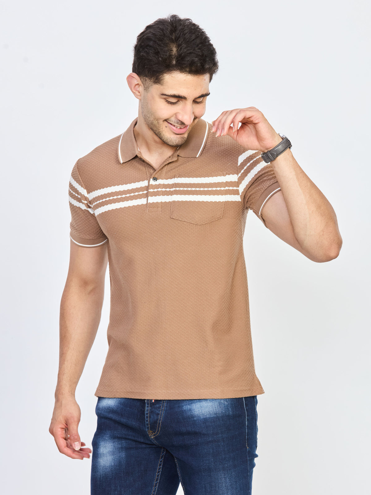 Brown Casual Striped Polo T-Shirt
