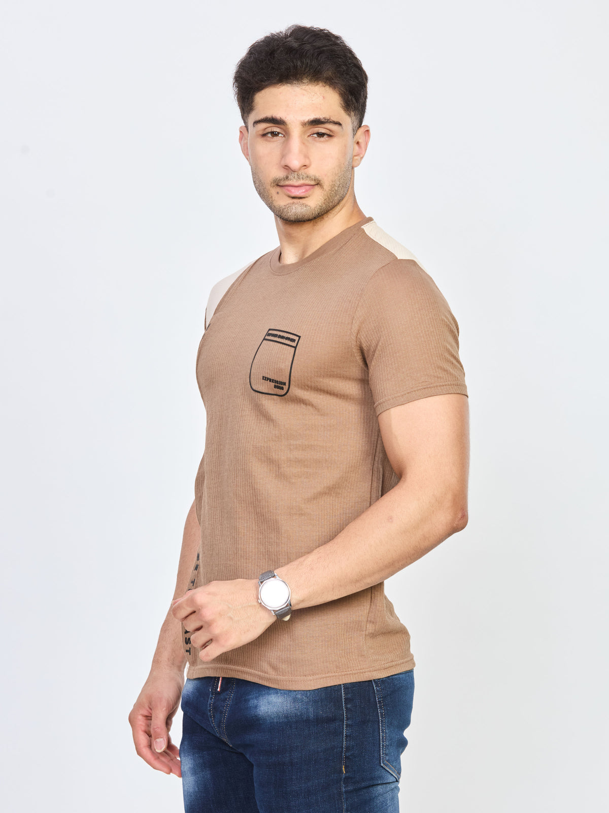 Beige Color Block Cotton Round Neck T-Shirt