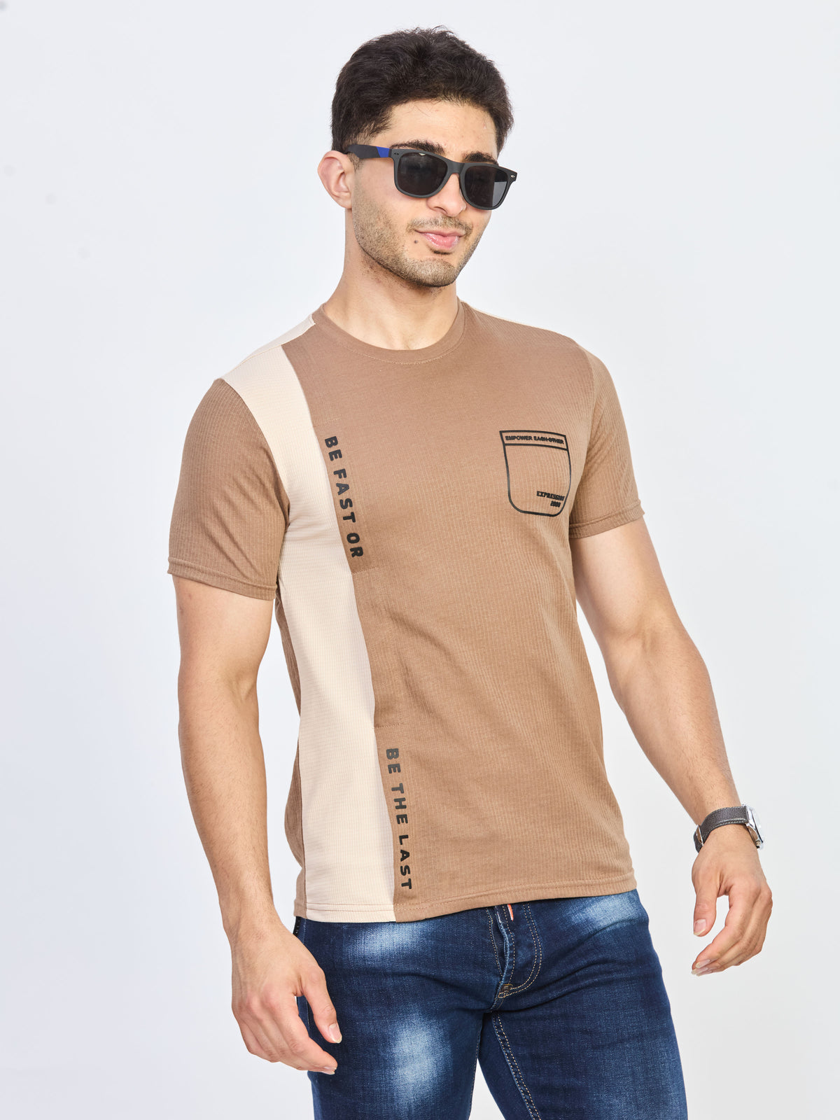 Beige Color Block Cotton Round Neck T-Shirt