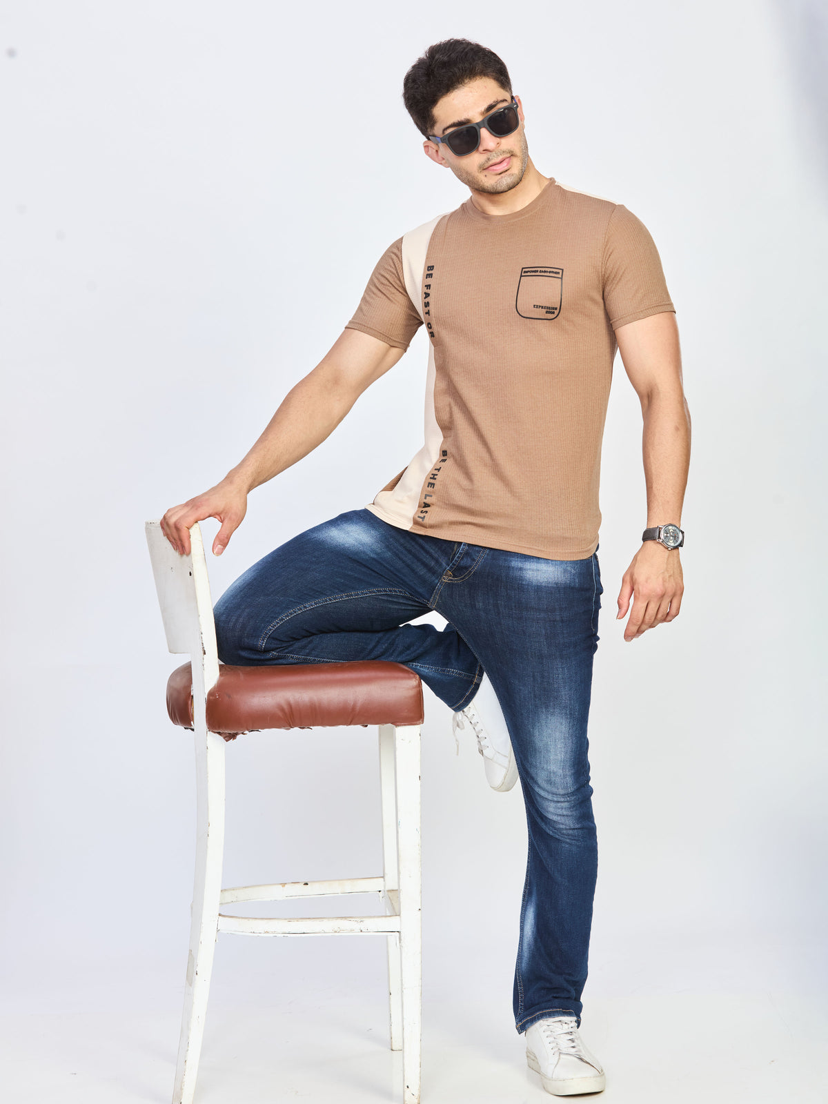 Beige Color Block Cotton Round Neck T-Shirt