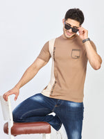 Beige Color Block Cotton Round Neck T-Shirt