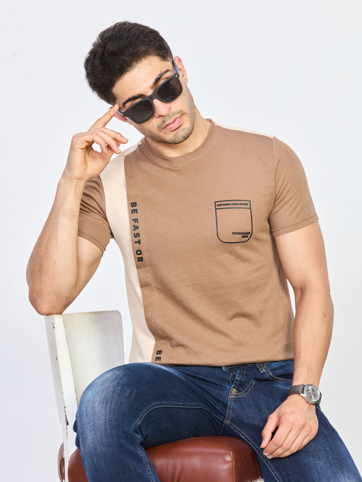 Beige Color Block Cotton Round Neck T-Shirt