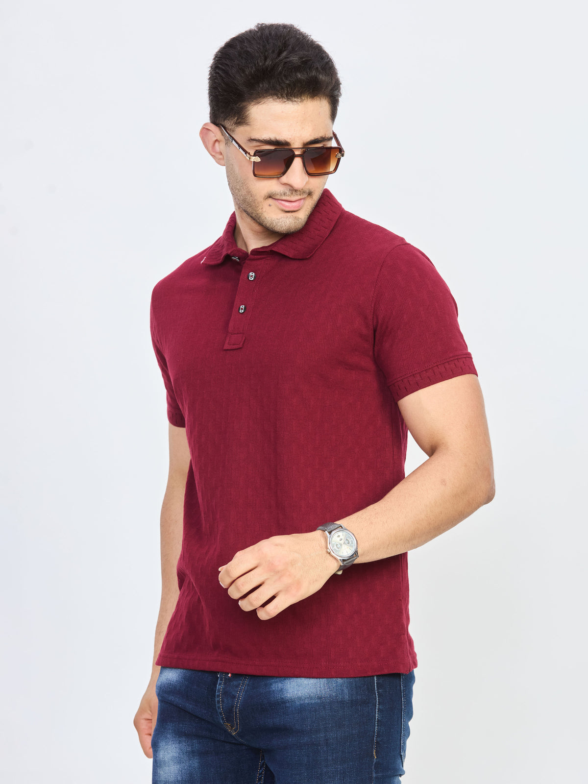 Maroon Textured Cotton Polo T-Shirt