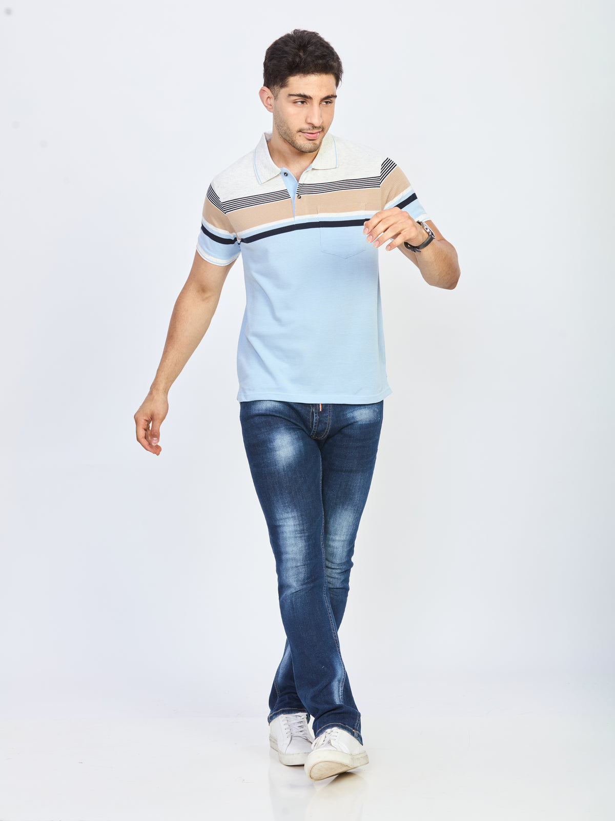 Light Blue Striped Polo T-Shirt