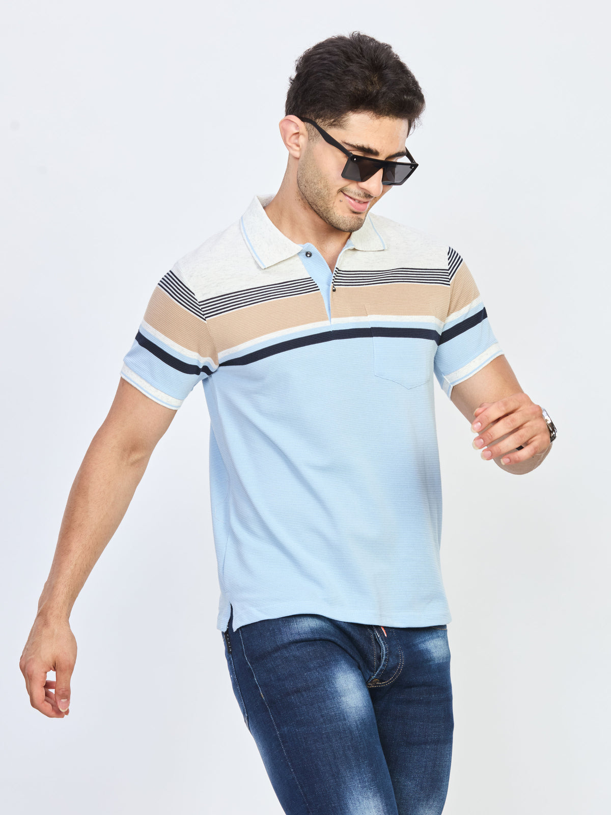 Light Blue Striped Polo T-Shirt