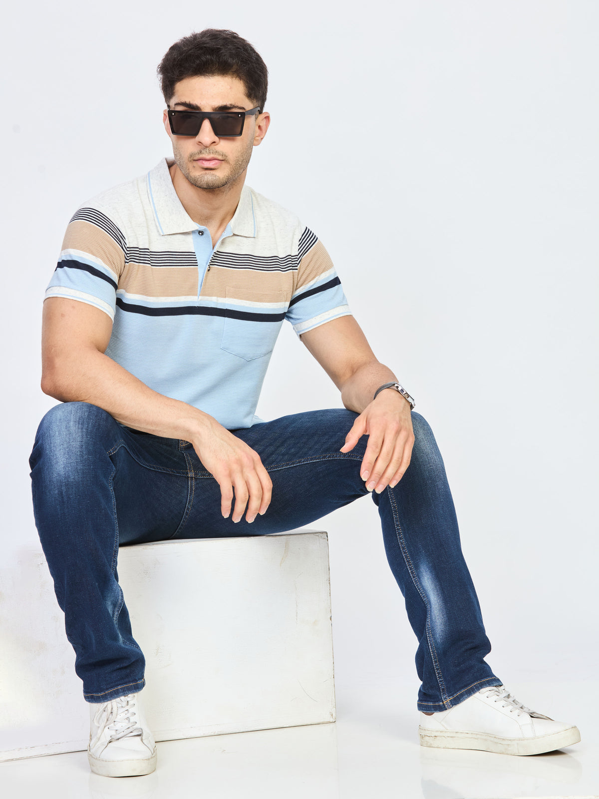 Light Blue Striped Polo T-Shirt