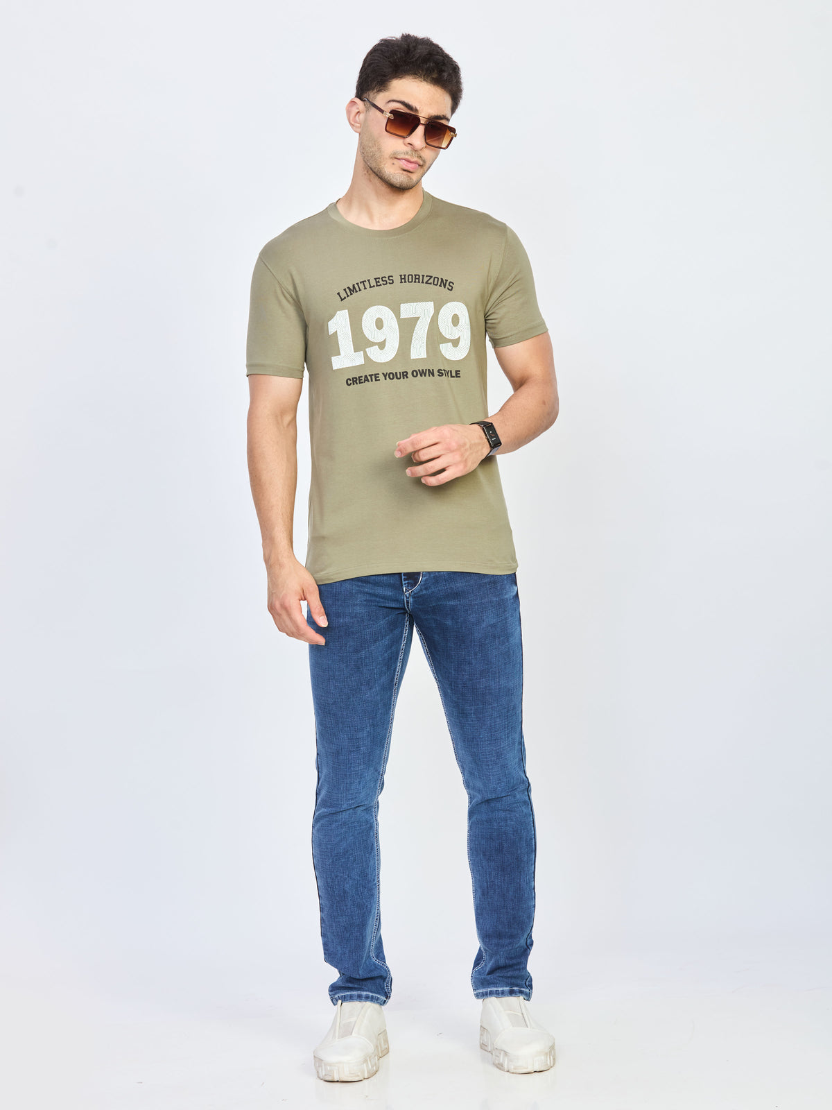 Olive Green Printed Round NeckT-Shirt