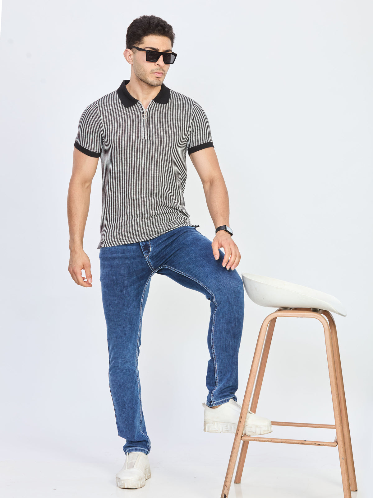 Black & White Striped Half Zip Polo T-Shirt