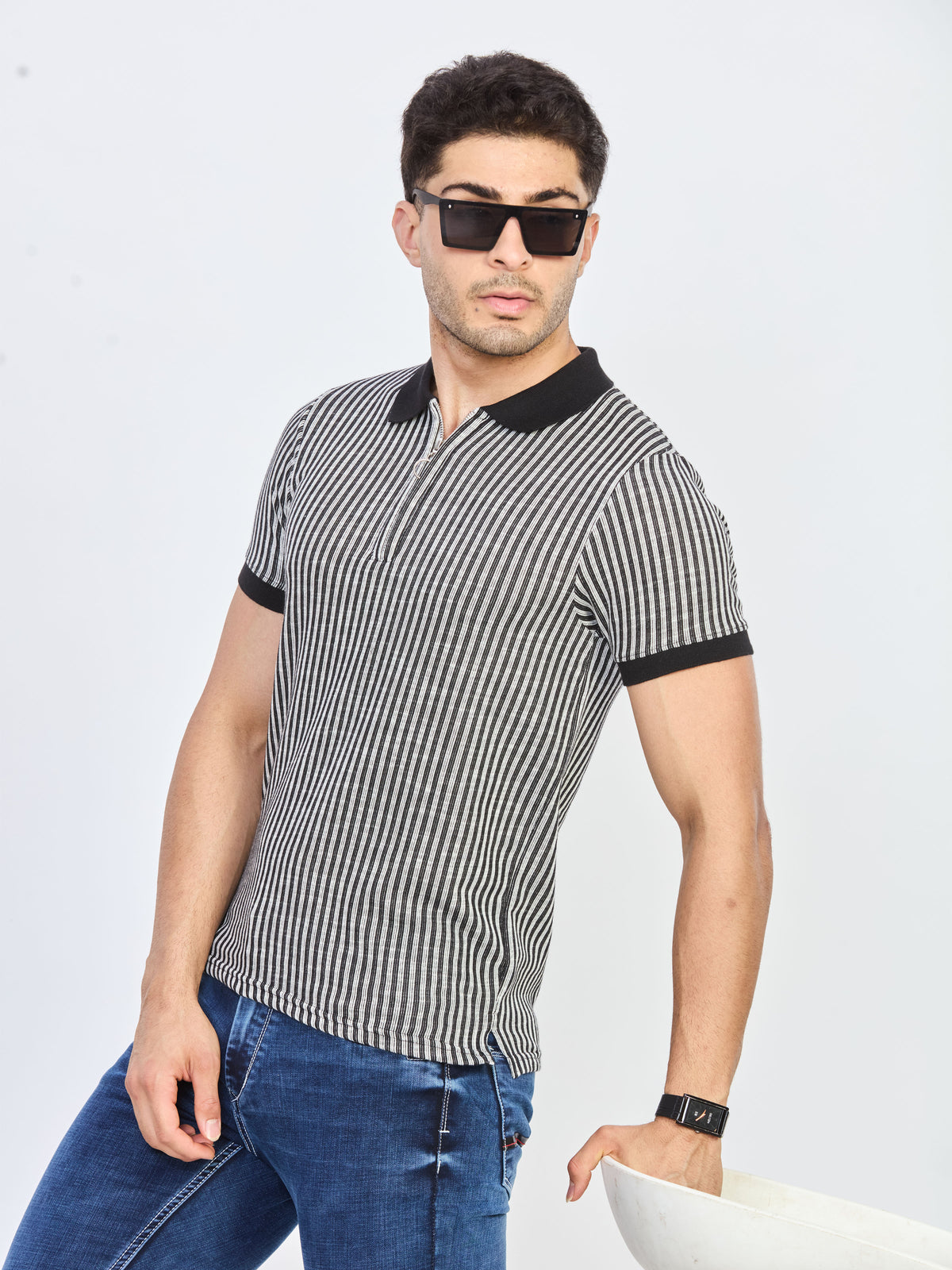 Black & White Striped Half Zip Polo T-Shirt