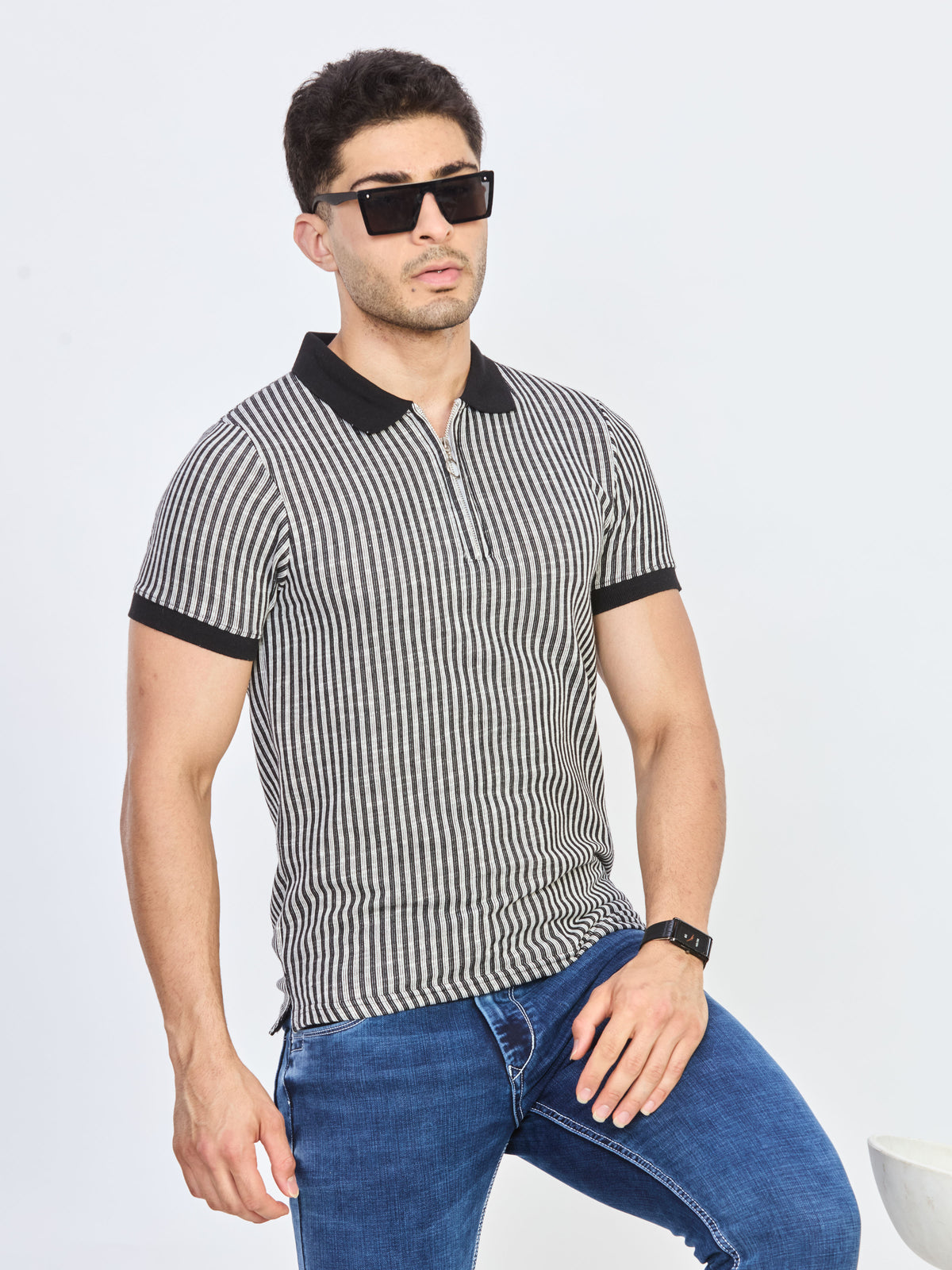Black & White Striped Half Zip Polo T-Shirt