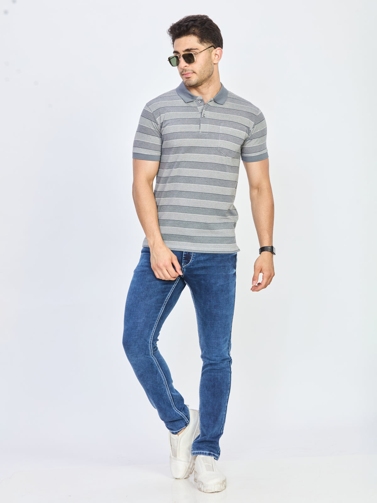 Grey & White Micro Striped Polo T-Shirt