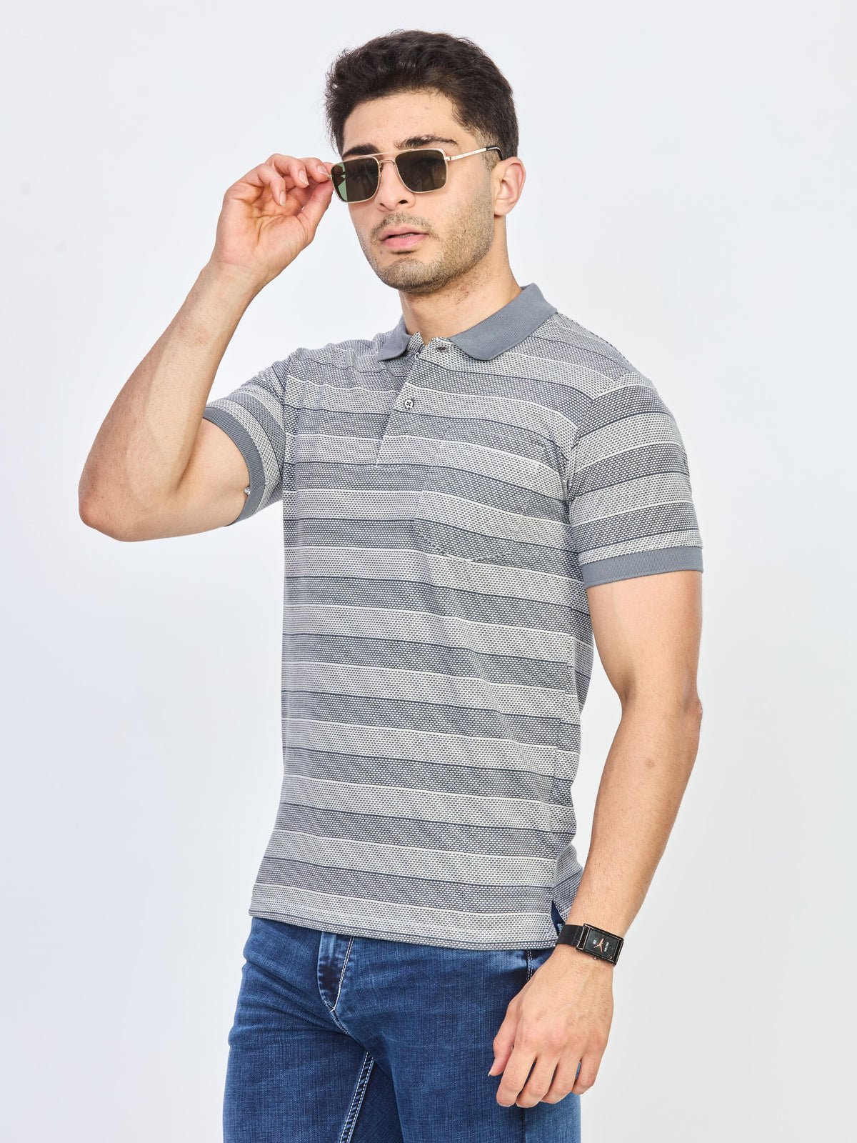 Grey & White Micro Striped Polo T-Shirt