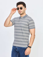 Grey & White Micro Striped Polo T-Shirt