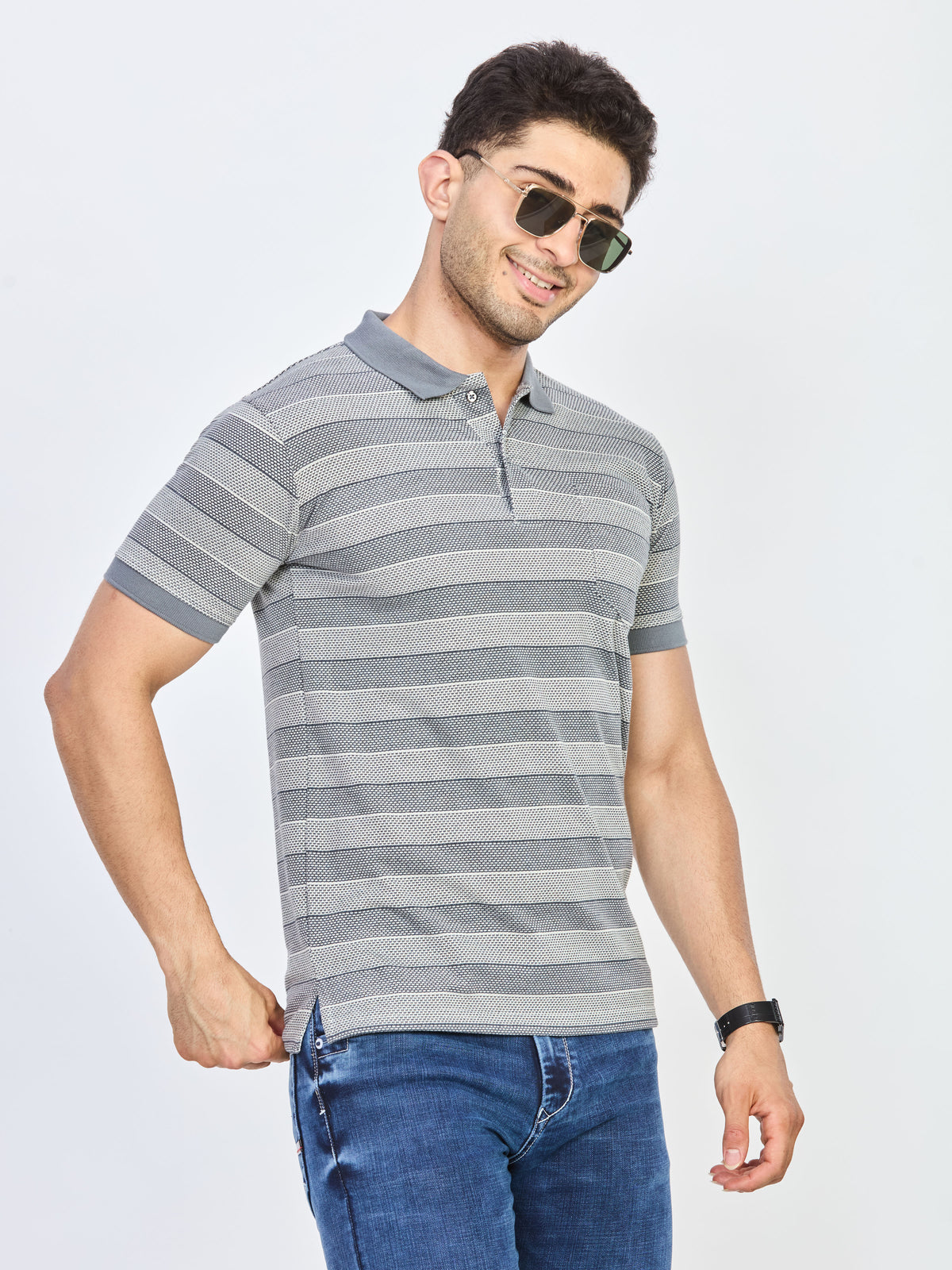 Grey & White Micro Striped Polo T-Shirt