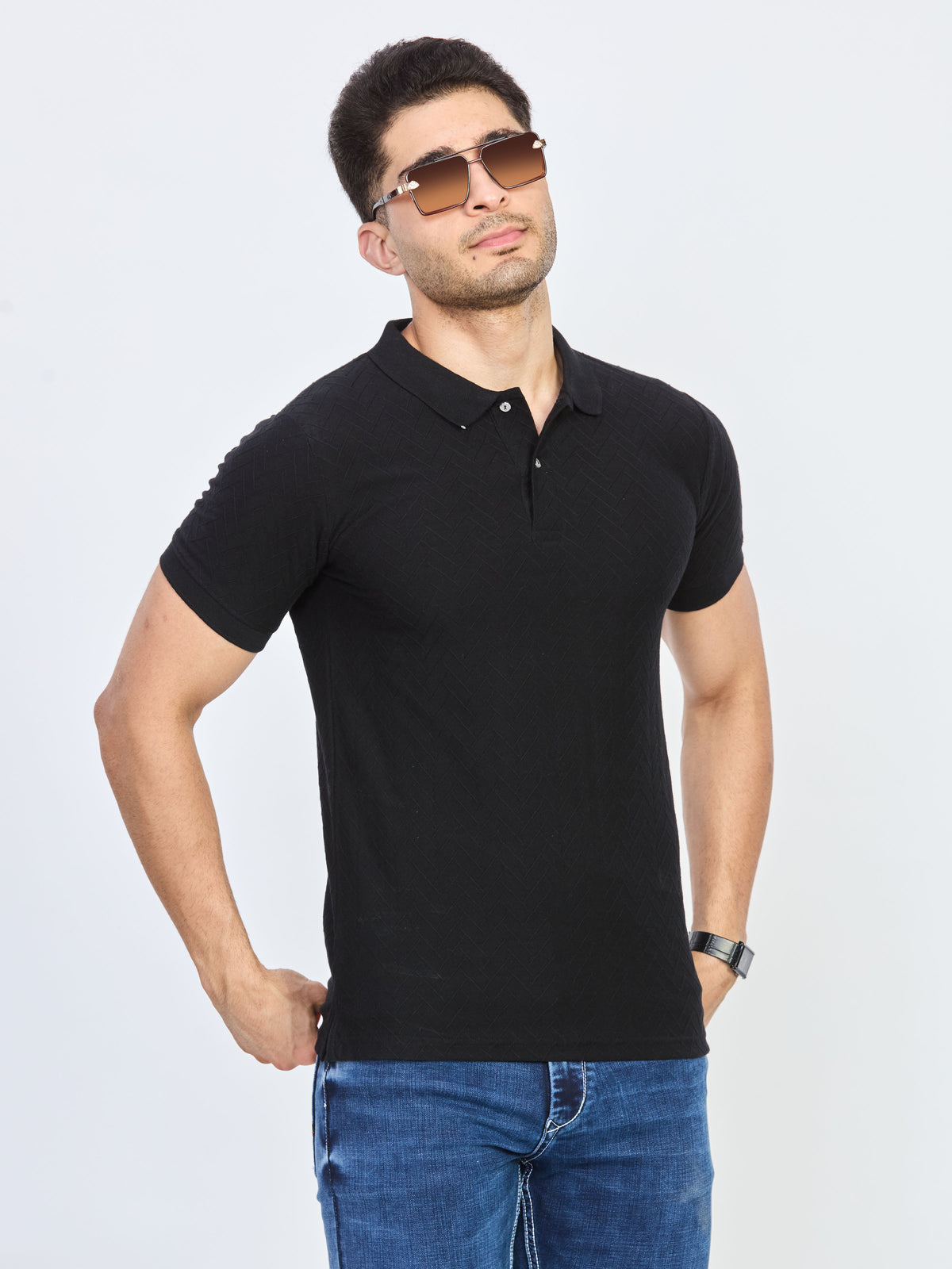 Black Textured Jacquard Polo T-Shirt