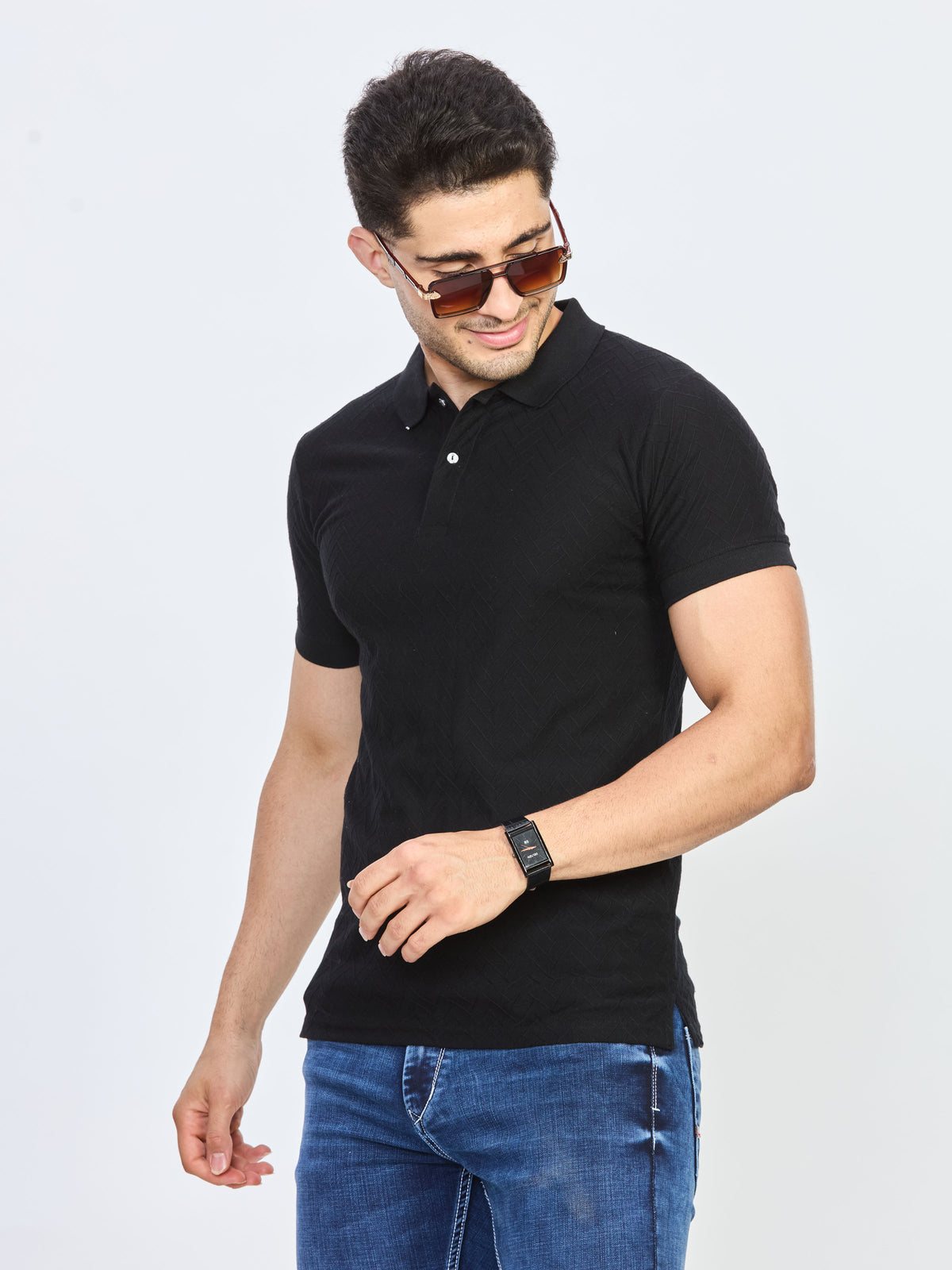 Black Textured Jacquard Polo T-Shirt