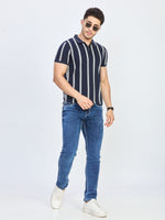 Navy Blue & Grey Stripe Textured Zip Polo T-Shirt