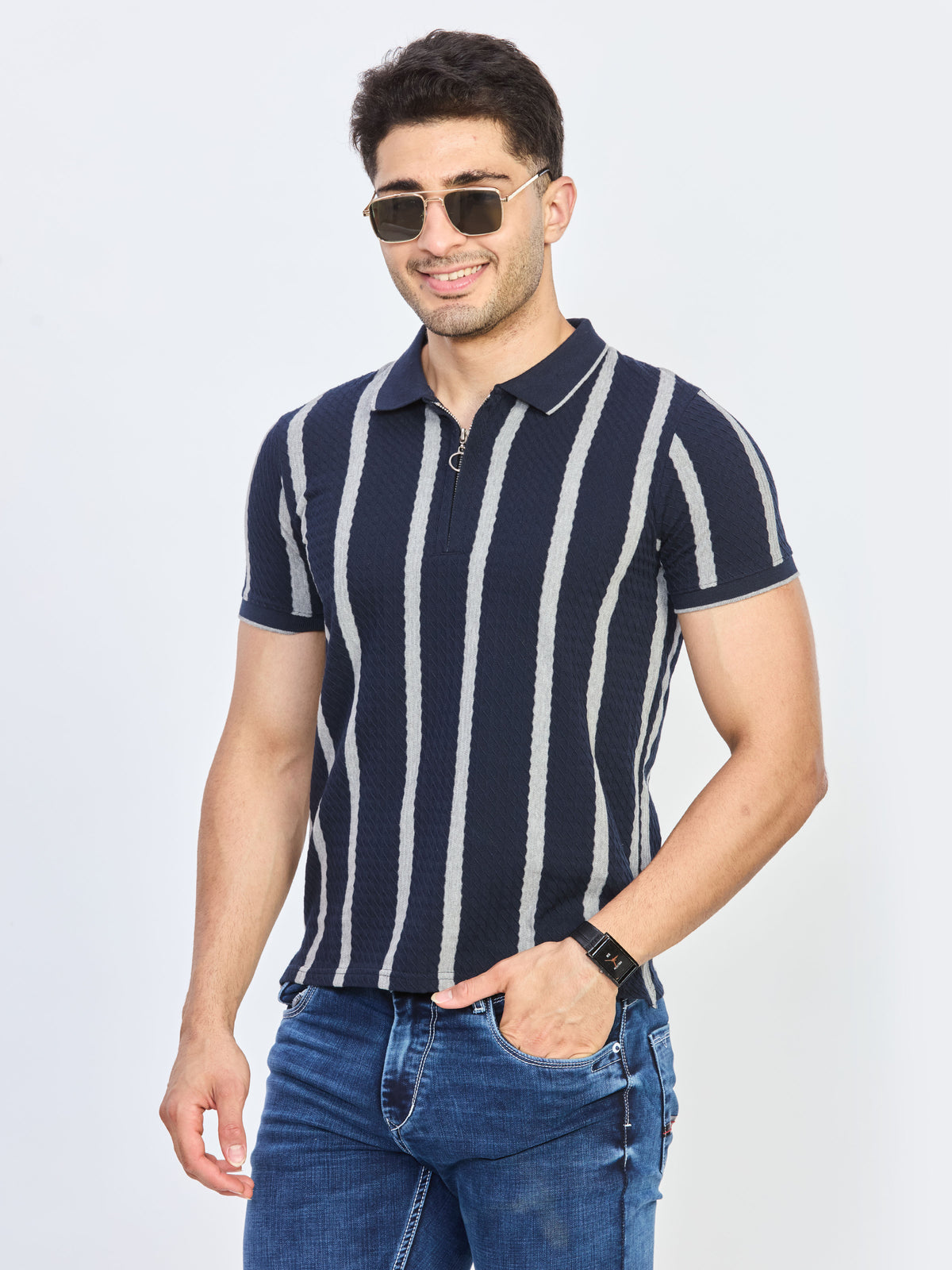 Navy Blue & Grey Stripe Textured Zip Polo T-Shirt