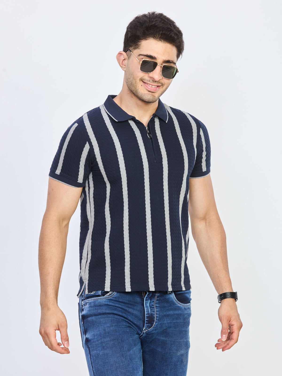 Navy Blue & Grey Stripe Textured Zip Polo T-Shirt