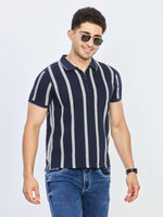 Navy Blue & Grey Stripe Textured Zip Polo T-Shirt