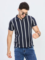 Navy Blue & Grey Stripe Textured Zip Polo T-Shirt