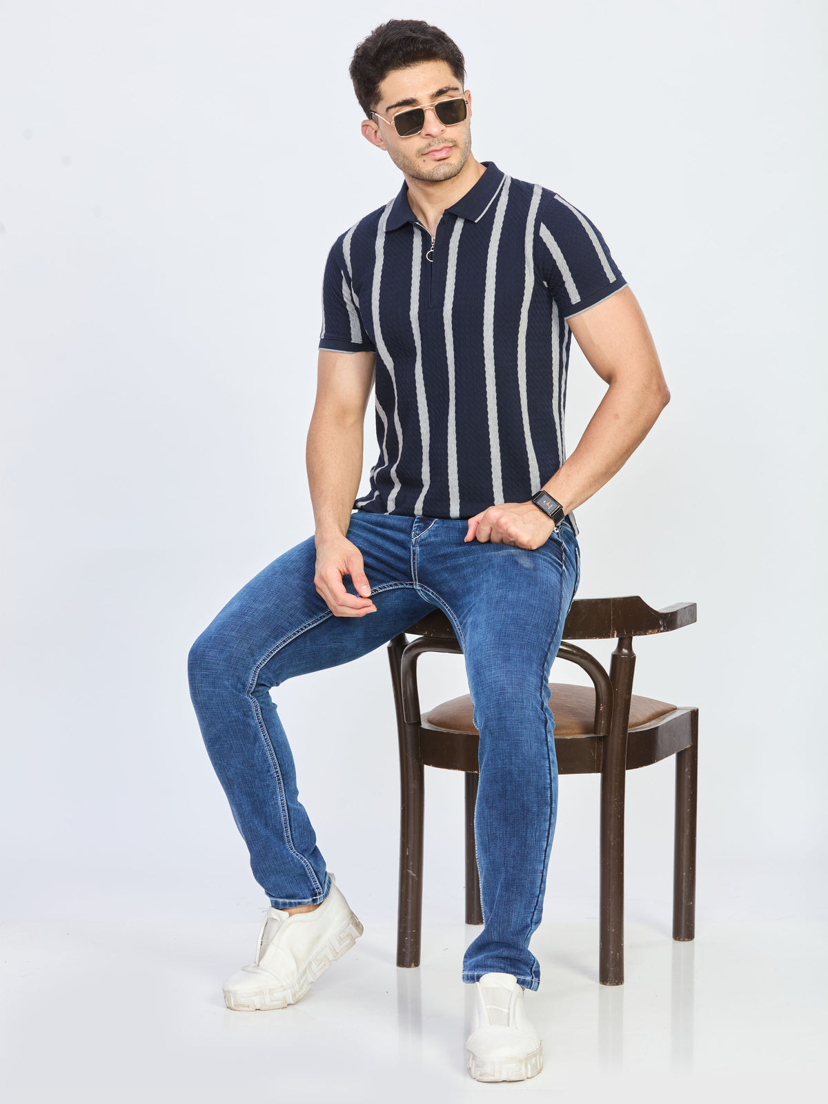 Navy Blue & Grey Stripe Textured Zip Polo T-Shirt