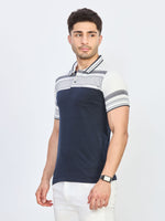Navy Blue & White Patterned Polo T-Shirt