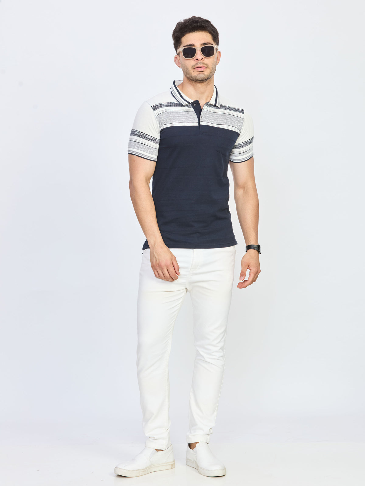 Navy Blue & White Patterned Polo T-Shirt