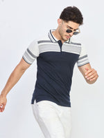 Navy Blue & White Patterned Polo T-Shirt