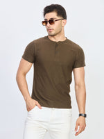 Olive Green Regular Fit Henley Neck T-Shirt