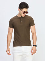 Olive Green Regular Fit Henley Neck T-Shirt