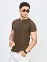 Olive Green Regular Fit Henley Neck T-Shirt
