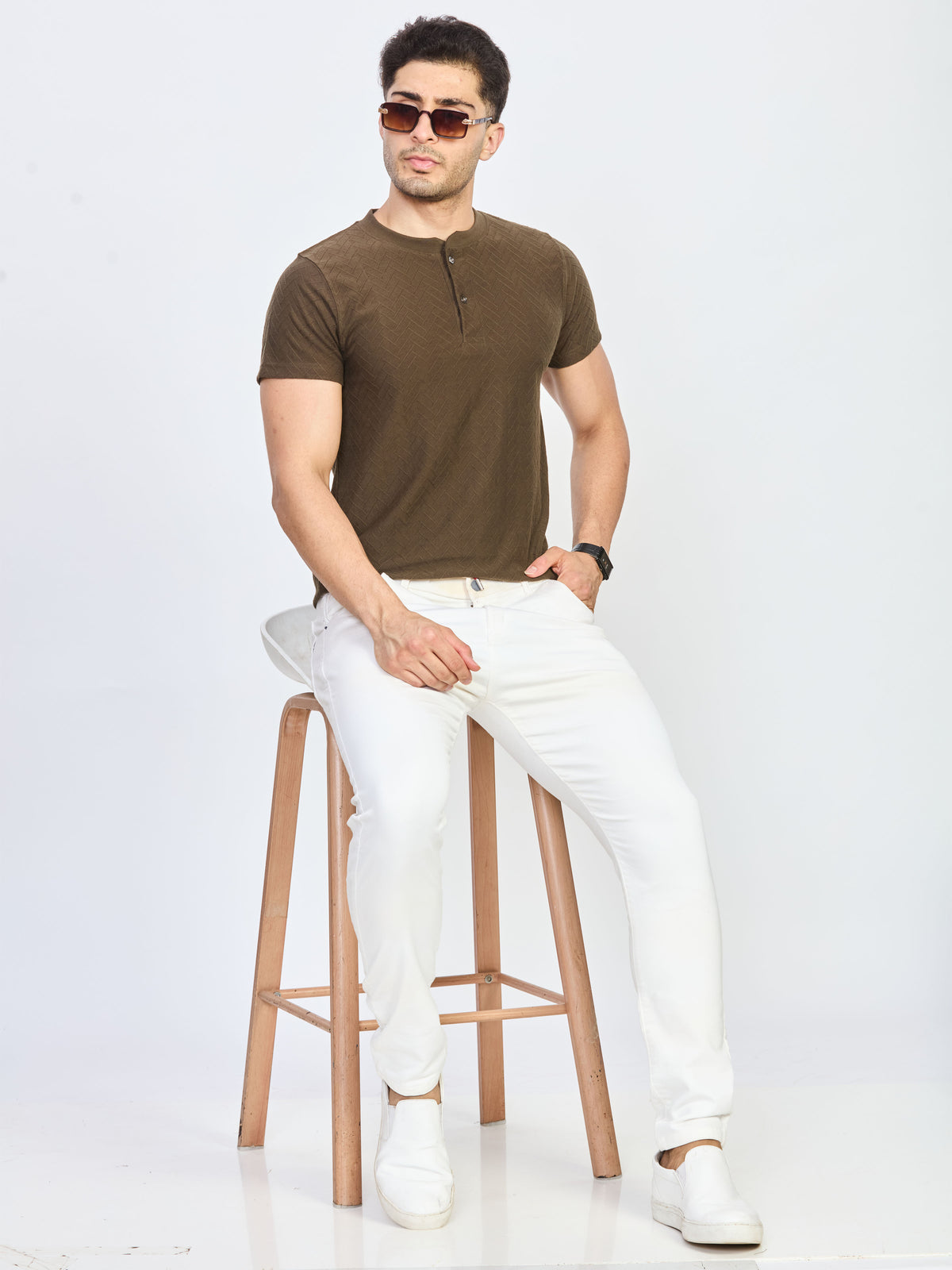 Olive Green Regular Fit Henley Neck T-Shirt
